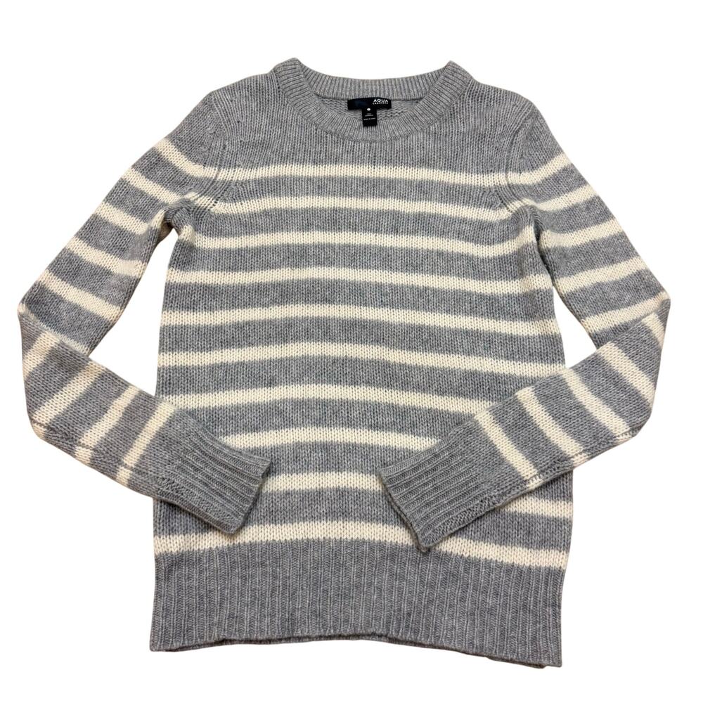 AQUA 100% Cashmere Gray/White Striped Crewneck Women Classic Sweater Top XS - Picture 2 of 6